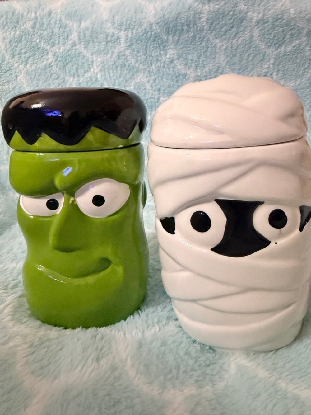 Green Frankenstein and White Mummy Ceramic Treat Jar - Fun Halloween Home Accent